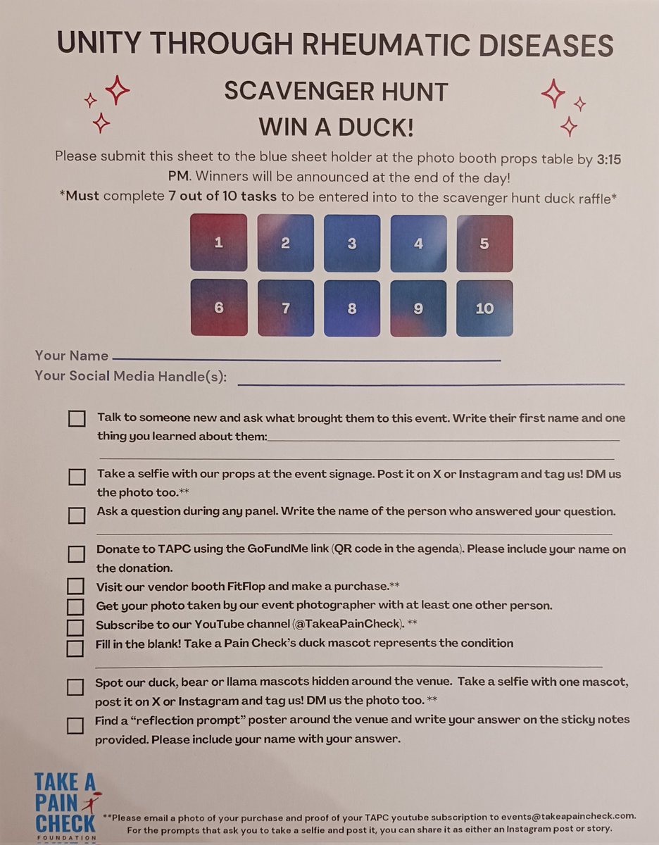 rheumdoctor's tweet photo. Time for the #TAPC #ScavengerHunt! #UnityThroughRheumaticDiseases #UnityThroughRheum2025 #TakeAPainCheck #WinADuck 🦆 https://t.co/Ze6ZU0URaG