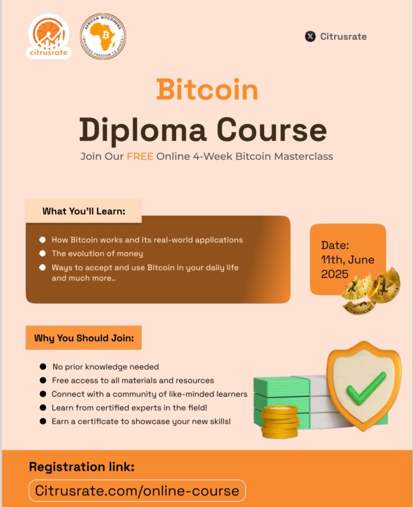 Citrusrate (@citrusrate) on Twitter photo Just In🔥
Our form for the Bitcoin Diploma Course is open! In partnership with <a href="/afribitcoiners/">African Bitcoiners ⚡</a>, we are holding a 4-week online Bitcoin course aimed to equip anyone with basic understanding of Bitcoin.
Register today!! Just In🔥
Our form for the Bitcoin Diploma Course is open! In partnership with <a href="/afribitcoiners/">African Bitcoiners ⚡</a>, we are holding a 4-week online Bitcoin course aimed to equip anyone with basic understanding of Bitcoin.
Register today!!