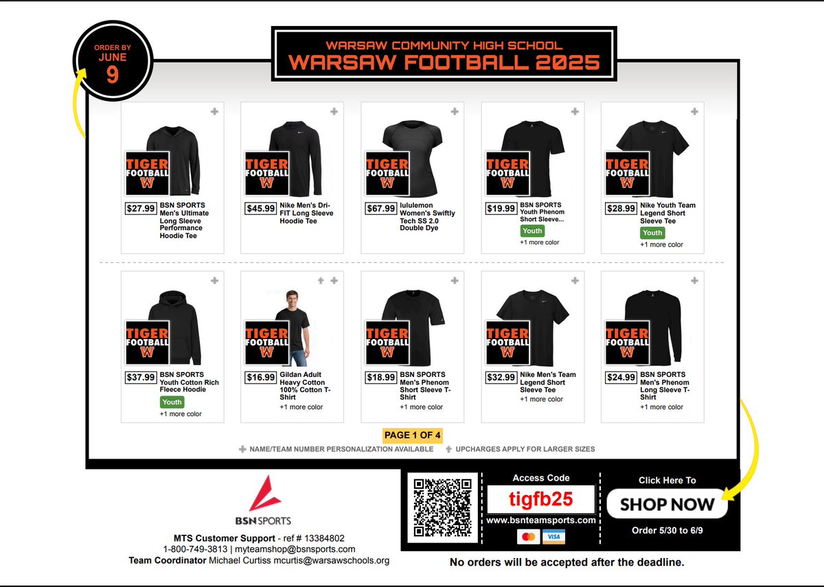 coach curtis (@tigerfbcoach) on Twitter photo NIKE (bsn) <a href="/WarsawTigerFB/">Warsaw Tiger Football</a> “team shop” now open
bsnteamsports.com/shop/tigfb25
Parents, players, alumni, fans, community members, school, etc...
Items shipped directly to address of choice
Store open May 31st thru June 9th.
<a href="/Warsaw_Tigers/">Warsaw Tigers</a>
<a href="/WCS_District/">Warsaw Schools</a> NIKE (bsn) <a href="/WarsawTigerFB/">Warsaw Tiger Football</a> “team shop” now open
bsnteamsports.com/shop/tigfb25
Parents, players, alumni, fans, community members, school, etc...
Items shipped directly to address of choice
Store open May 31st thru June 9th.
<a href="/Warsaw_Tigers/">Warsaw Tigers</a>
<a href="/WCS_District/">Warsaw Schools</a>