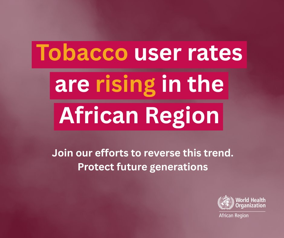 WHO African Region (@whoafro) on Twitter photo Even with low smoking rates, tobacco use is growing in the African Region.
🚭With support from <a href="/gatesfoundation/">Gates Foundation</a>, WHO is stepping up tobacco control efforts to reverse this dangerous increase.
#TobaccoExposed
#WorldNoTobaccoDay Even with low smoking rates, tobacco use is growing in the African Region.
🚭With support from <a href="/gatesfoundation/">Gates Foundation</a>, WHO is stepping up tobacco control efforts to reverse this dangerous increase.
#TobaccoExposed
#WorldNoTobaccoDay