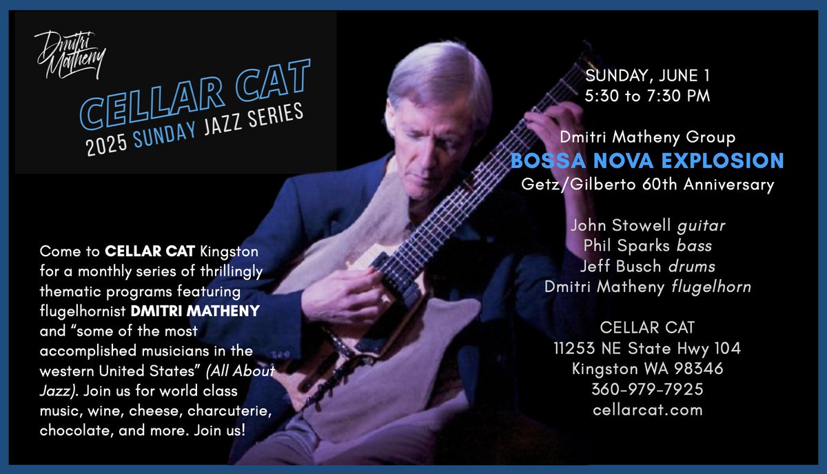 Tomorrow! Sunday, June 1 at 5:30 PM, I’m flugelin at Cellar Cat (Kingston WA) with John Stowell, Phil Sparks, and Jeff Busch. Join us!
cellarcat.com/live-music.html