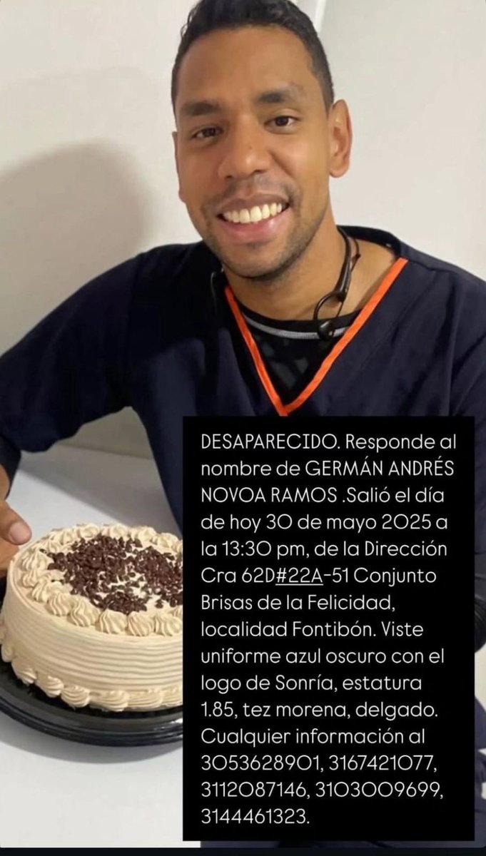 Por favor ayudemos a encontrar a Germán Novoa Ramos. Fue visto por última vez en el aeropuerto de Cartagena, proveniente de Bogotá. 
Sí tiene información, favor llamar a:
3053628901
3167421077
3112087146
3103009699
3144461323
