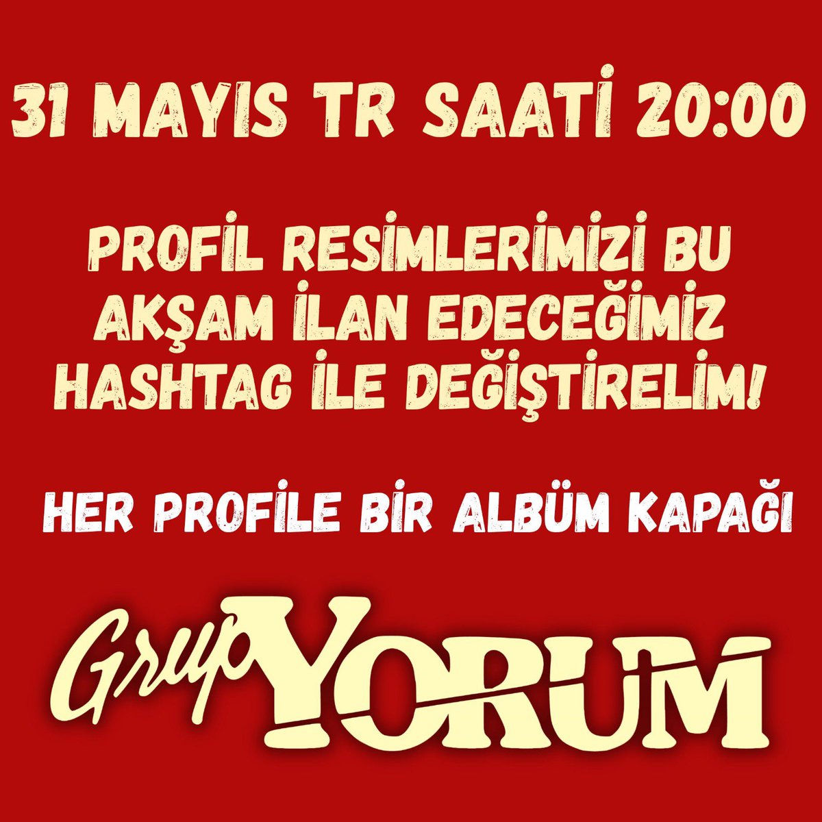 Grupyorumtv's tweet photo. Bu akşam profil resimlerimizi değiştiriyoruz!
Her profile bir Grup Yorum albüm kapağı...

Dün başlattığımız hashtag çalışmamıza yönelik faşizmin saldırılarıyla tüm paylaşımlarımız kaldirildi ve hashtag'a kısıtlama getirildi. Her saldırılarına bir cevabımız olacak. https://t.co/Jg1iWIaNQi