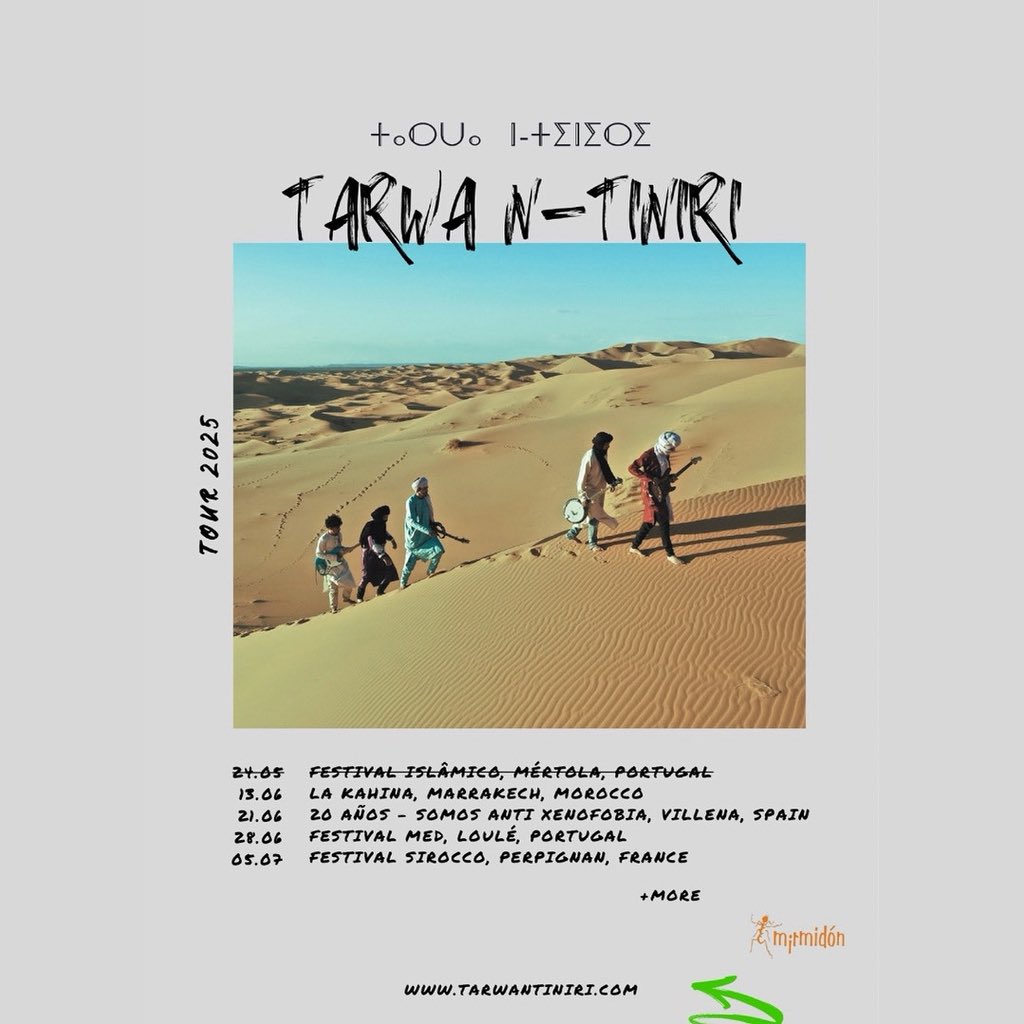 Tarwa N-Tiniri is hitting the road!
Join us for a magical summer full of music and connection 

🗓️ 13 June – @lakahina__ 🇲🇦
🗓️ 21 June – @somosantixenofobia 🇪🇸
🗓️ 28 June – <a href="/festival/">Festival Pants</a>medloule 🇵🇹
🗓️ 05 July – @festival.sirocco 🇫🇷

More dates soon!

📞 🇪🇺Booking: @mirmidon_prod