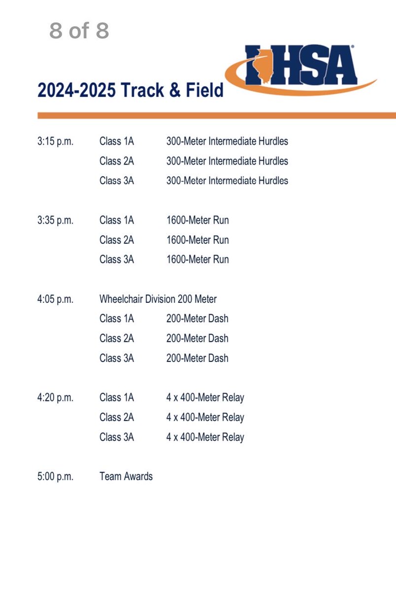 IHSA State Final Schedule 

1600 m run - 3:35pm