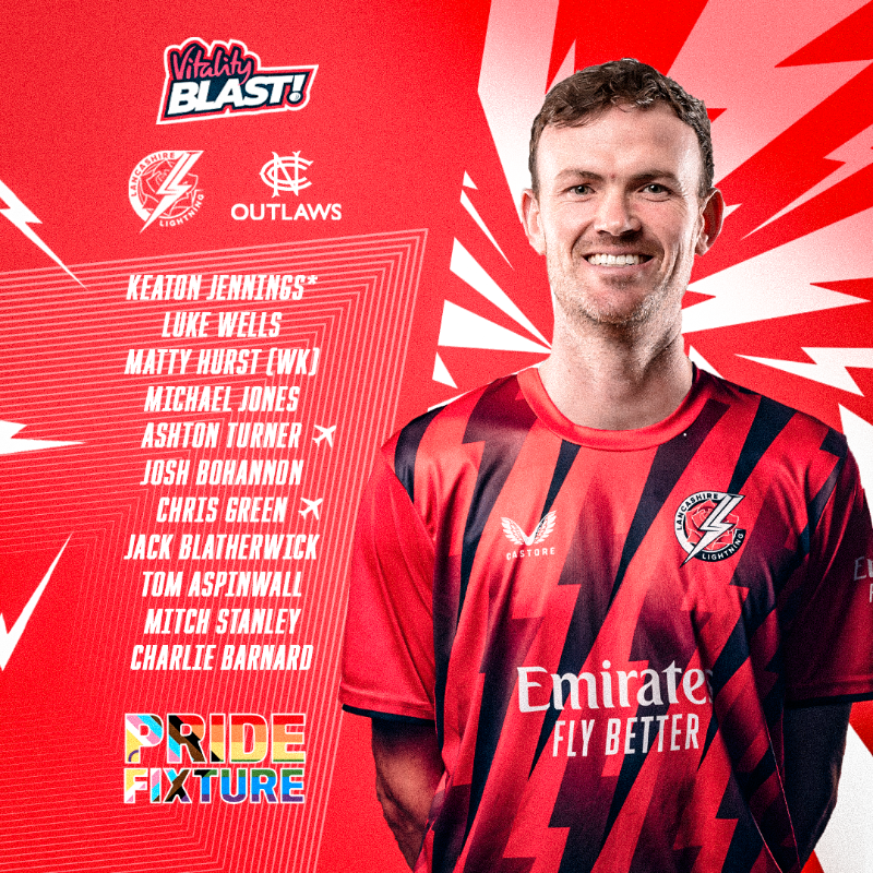 lancscricket's tweet photo. HERE WE GO AGAIN! ๐๐
One change to our XI as Charlie Barnard comes in for Luke Wood to make his Vitality Blast debut on a used wicket.
Keaton Jennings wins the toss and Lightning will bat first. โ
Watch LIVE on #LancsTV! ๐บ๐
โก #StrikeTogether | ๐ #PrideFixture