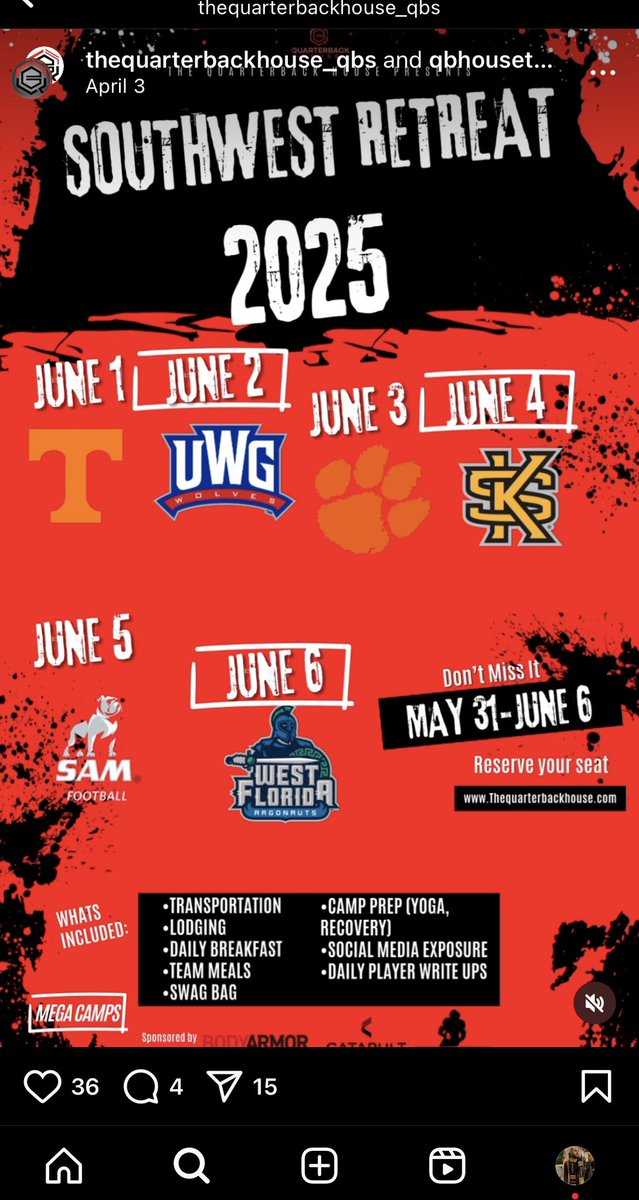 Prep Redzone Florida (@prepredzonefl) on Twitter photo 🚨 It’s that time… The QB House Southwest Retreat is HERE!
6-day stretch of camps & exposure 🔥 <a href="/RealNews102/">Drew Johnson</a> <a href="/TheQBHouse/">The Quarterback House 🎯</a>
📍June 1 – <a href="/Vol_Football/">Tennessee Football</a>
📍June 2 – <a href="/GeorgiaStateFB/">GSU Football</a>
📍June 3 – <a href="/ClemsonFB/">Clemson Football</a>
📍June 4 – <a href="/KSUFBRecruiting/">Kennesaw State Football Recruiting</a>
📍June 5 – <a href="/SamfordFootball/">Samford Football</a>
📍June 6 – <a href="/GoArgos/">UWF Athletics</a> 🚨 It’s that time… The QB House Southwest Retreat is HERE!
6-day stretch of camps & exposure 🔥 <a href="/RealNews102/">Drew Johnson</a> <a href="/TheQBHouse/">The Quarterback House 🎯</a>
📍June 1 – <a href="/Vol_Football/">Tennessee Football</a>
📍June 2 – <a href="/GeorgiaStateFB/">GSU Football</a>
📍June 3 – <a href="/ClemsonFB/">Clemson Football</a>
📍June 4 – <a href="/KSUFBRecruiting/">Kennesaw State Football Recruiting</a>
📍June 5 – <a href="/SamfordFootball/">Samford Football</a>
📍June 6 – <a href="/GoArgos/">UWF Athletics</a>