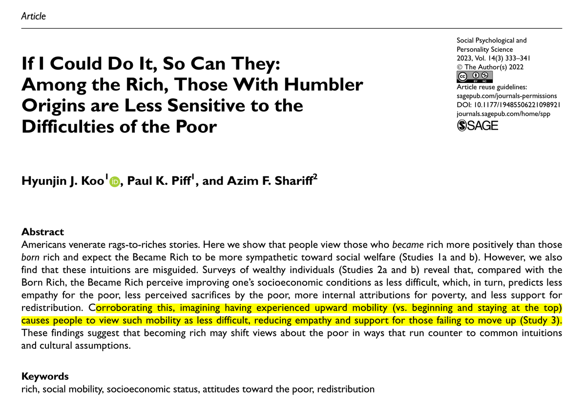 Sonradan zengin olanlar, doğuştan zengin olanlara göre fakirlere daha az empati gösteriyor; çünkü zengin olmanın çok zor olmadığını ve fakirliklerinin dışsal nedenlerden kaynaklanmadığını düşünüyorlar.