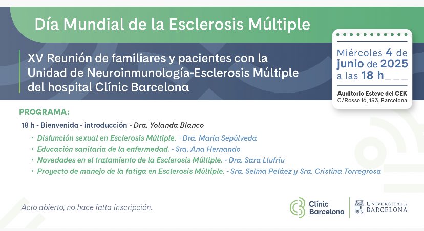 Celebraremos la XV reunión anual de pacientes de EM con la Unidad de Neuroinmunología del Hospital Clinic para conmemorar el día Mundial de la EM