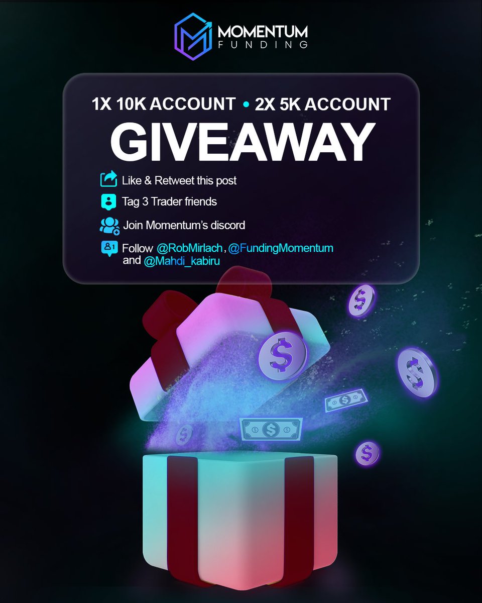 MAHDEE (@mahdi_kabiru) on Twitter photo 🔥🎁Giveaway Time 🎁🔥
1x $10k & 2x $5k accounts
To Enter
Follow: <a href="/FundingMomentum/">Momentum Funding</a> <a href="/RobMirlach/">Rob Mirlach</a> <a href="/Mahdi_kabiru/">MAHDEE</a>
✅Like & Repost
✅Tag 3 Trader Friends
✅ Engage Quoted Post
Join the discord server: discord.gg/momentumfunding
⏰ Winners on 7th June- 2025 🔥🎁Giveaway Time 🎁🔥
1x $10k & 2x $5k accounts
To Enter
Follow: <a href="/FundingMomentum/">Momentum Funding</a> <a href="/RobMirlach/">Rob Mirlach</a> <a href="/Mahdi_kabiru/">MAHDEE</a>
✅Like & Repost
✅Tag 3 Trader Friends
✅ Engage Quoted Post
Join the discord server: discord.gg/momentumfunding
⏰ Winners on 7th June- 2025