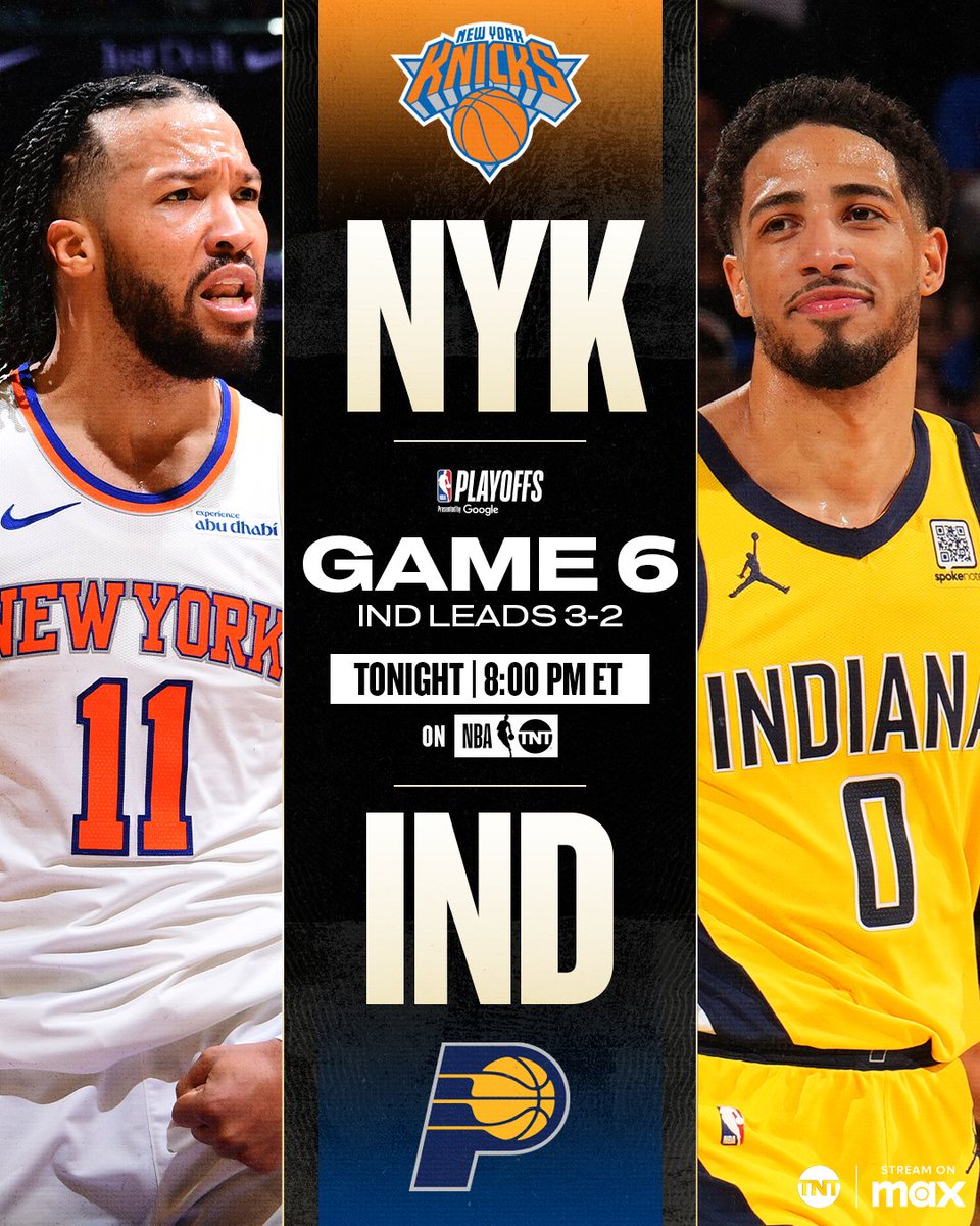 NBA on TNT (@nbaontnt) on Twitter photo Game 6 ECF showdown TONIGHT ๐ฟ
<a href="/nyknicks/">NEW YORK KNICKS</a> vs <a href="/Pacers/">Indiana Pacers</a> // 8:00pm ET on TNT Game 6 ECF showdown TONIGHT ๐ฟ
<a href="/nyknicks/">NEW YORK KNICKS</a> vs <a href="/Pacers/">Indiana Pacers</a> // 8:00pm ET on TNT