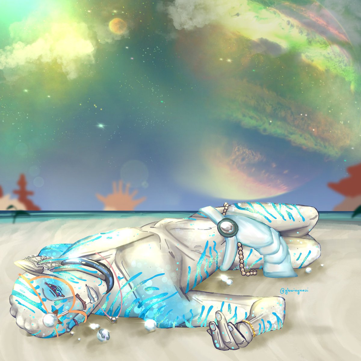 glowingnavi's tweet image. Finally finished it- Pearls!Lo’ak illustration 😚🩵🩵 my favourite part about this drawing is the sky ngl @Netaxsy