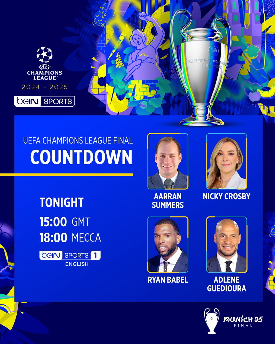 beIN SPORTS (@beinsports_en) on Twitter photo 🔜 #UCLfinal countdown show 🏆
Join us as we begin building up to tonight's <a href="/ChampionsLeague/">UEFA Champions League</a> final 🙌
#beINUCL #ParisInter 🔜 #UCLfinal countdown show 🏆
Join us as we begin building up to tonight's <a href="/ChampionsLeague/">UEFA Champions League</a> final 🙌
#beINUCL #ParisInter