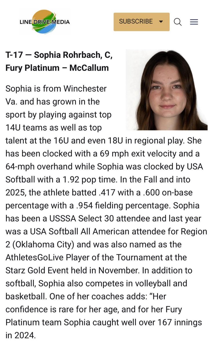 Sophia Rohrbach 2029 (@sophiar2029) on Twitter photo Thank you to <a href="/LineDsoftball/">Line Drive Media</a> for ranking me 17th for class of 2029. Incredibly honored to be on the list with so many great players #platinumproud 🖤🤍🩶<a href="/VAFuryPlat2028/">Fury Platinum National 2028</a> <a href="/FuryPlatinumVA/">Fury Platinum Virginia</a> <a href="/FuryPlatinum/">FuryPlatinumSoftballClub</a> <a href="/SBRRetweets/">Softball Recruiting Reposts</a> <a href="/D1Softball/">D1Softball</a> <a href="/TOP_D1RECRUITS/">Softball Top Preps Retweet</a> <a href="/IHartFastpitch/">I❤️Fastpitch</a> <a href="/TopPreps/">College Coach / College Scout / College Recruiter</a> <a href="/SoftballHome/">Softball Home</a> Thank you to <a href="/LineDsoftball/">Line Drive Media</a> for ranking me 17th for class of 2029. Incredibly honored to be on the list with so many great players #platinumproud 🖤🤍🩶<a href="/VAFuryPlat2028/">Fury Platinum National 2028</a> <a href="/FuryPlatinumVA/">Fury Platinum Virginia</a> <a href="/FuryPlatinum/">FuryPlatinumSoftballClub</a> <a href="/SBRRetweets/">Softball Recruiting Reposts</a> <a href="/D1Softball/">D1Softball</a> <a href="/TOP_D1RECRUITS/">Softball Top Preps Retweet</a> <a href="/IHartFastpitch/">I❤️Fastpitch</a> <a href="/TopPreps/">College Coach / College Scout / College Recruiter</a> <a href="/SoftballHome/">Softball Home</a>