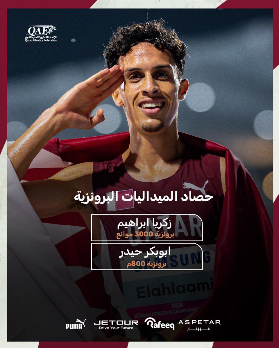 ثلاث ذهبيات 🥇🥇🥇
فضية 🥈 وبرونزيتان 🥉🥉
حصيلة مشرّفة لأبطال الأدعم في البطولة الآسيوية لألعاب القوى بمدينة غومي الكورية 🇶🇦

إنجاز جديد يُضاف إلى سجل أم الألعاب القطرية..
بعثة قاتلت بشرف، ورفعت الراية بكل فخر
والقادم بإذن الله.. أجمل وأفضل 🌟

#TeamQatar #ألعاب_قوى #قطر