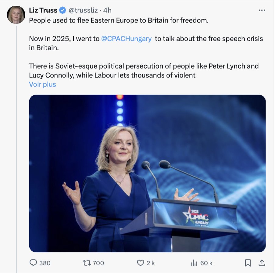 This absolute goon boasts of going to Hungary of all places to tell them, of all people, the UK is like the Soviet Union in the way it suppresses freedom ?

Not content with crashing Britains's economy, she's clawed her way to being its most disgraceful PM ever  <a href="/trussliz/">Liz Truss</a>