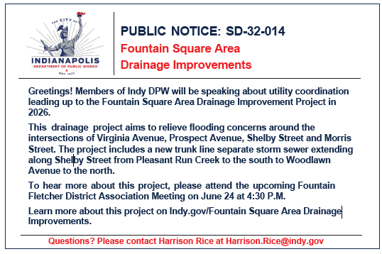 🚧 Fountain Square Neighbors – Let’s Talk Flooding Solutions! 🚧 Live near Shelby, Virginia, or Prospect? Join <a href="/IndyDPW/">Indy Department of Public Works</a> June 24 at 4:30 PM to hear about 2026 drainage fixes. Info: Indy.gov/FountainSquare…
view this post on Nextdoor:  nextdoor.com/city/post/4038…