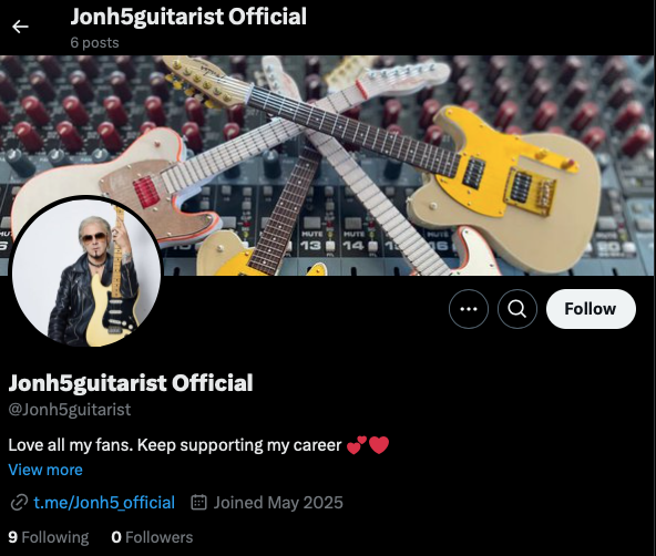 🚨FAKE ACCOUNT ALERT!🚨 
An account with the handle "Jonh5guitarist" is NOT mine. 
I only have this one. 
I don't have a private account to talk to fans on any platform. 
If you're ever unsure all my links can be found here: linktr.ee/john5official &amp; john-5.com/main/