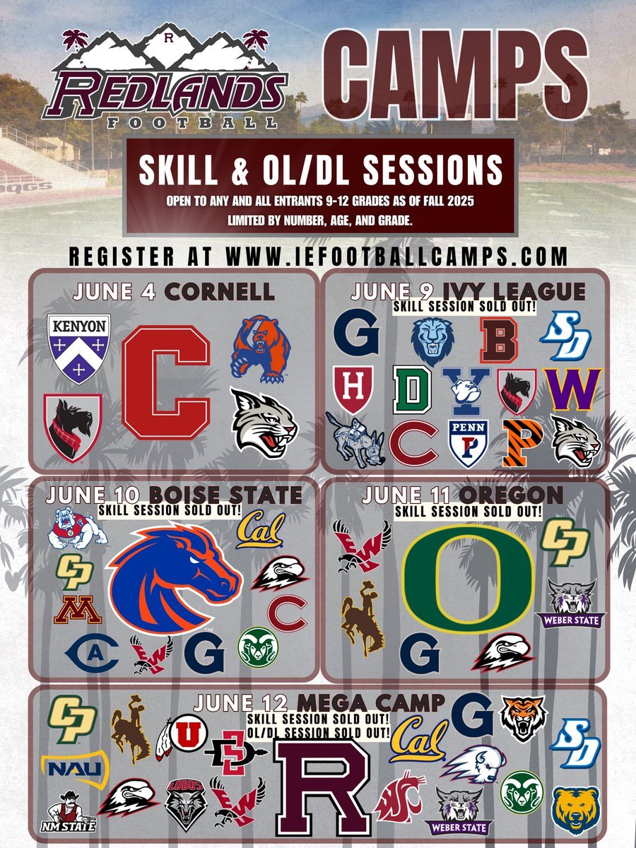 Redlands Bulldog Football (@uofr_football) on Twitter photo New schools added to the camps:
<a href="/UNC_BearsFB/">Northern Colorado Football</a>
<a href="/UCDfootball/">UC Davis Football</a>
Get signed up at: iefootballcamps.com
Limited capacity per session.
More schools to be added soon. New schools added to the camps:
<a href="/UNC_BearsFB/">Northern Colorado Football</a>
<a href="/UCDfootball/">UC Davis Football</a>
Get signed up at: iefootballcamps.com
Limited capacity per session.
More schools to be added soon.