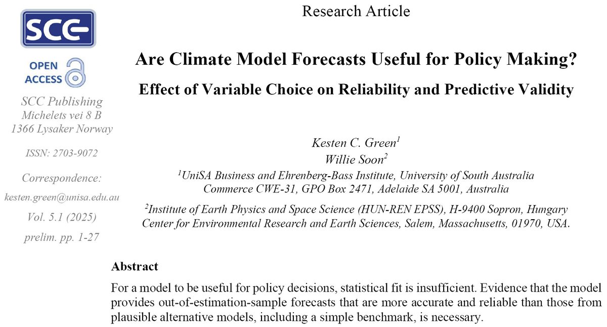 squinkbk's tweet image. In einer kürzlich veröffentlichen Forschungsarbeit zeigen Soon und Green auf, dass es den Klima-Modellen des IPCC an Vorhersagekraft fehlt.
Die Fehler der IPCC-Modelle waren größer als die eines Vergleichsmodells, das einfach vorhersagt, dass die Temperaturen so bleiben wie sie…