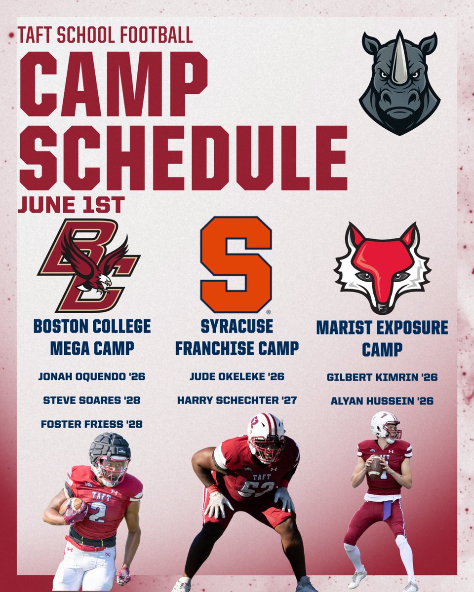 Taft Football (@taftfootballct) on Twitter photo Good Luck to our 🦏 that will compete in their first camps tomorrow! 🦏🆙 #gorhinos #gobigred
<a href="/FosterFriess09/">Foster Friess</a> <a href="/Stephensoares_/">Stephen Soares Jr</a> <a href="/harryfb24/">Harry Schechter</a>
<a href="/BCFootball/">Boston College Football</a> <a href="/Coach_JDiBiaso/">Jonathan DiBiaso</a> <a href="/CoachWillBC/">Will Lawing</a> <a href="/julianrowecohen/">Julian Rowe-Cohen</a>
<a href="/CuseFootball/">Syracuse Football</a> <a href="/Coach_E_Rob/">Coach E. Rob</a> <a href="/allpraisesdue7/">Stack Williams</a>
<a href="/Marist_Fball/">Marist Football</a> <a href="/CoachMWillis/">Mike Willis</a> <a href="/Noah11_V/">Noah Vedral</a> Good Luck to our 🦏 that will compete in their first camps tomorrow! 🦏🆙 #gorhinos #gobigred
<a href="/FosterFriess09/">Foster Friess</a> <a href="/Stephensoares_/">Stephen Soares Jr</a> <a href="/harryfb24/">Harry Schechter</a>
<a href="/BCFootball/">Boston College Football</a> <a href="/Coach_JDiBiaso/">Jonathan DiBiaso</a> <a href="/CoachWillBC/">Will Lawing</a> <a href="/julianrowecohen/">Julian Rowe-Cohen</a>
<a href="/CuseFootball/">Syracuse Football</a> <a href="/Coach_E_Rob/">Coach E. Rob</a> <a href="/allpraisesdue7/">Stack Williams</a>
<a href="/Marist_Fball/">Marist Football</a> <a href="/CoachMWillis/">Mike Willis</a> <a href="/Noah11_V/">Noah Vedral</a>