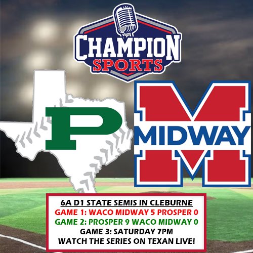 Champion Sports Radio (@championsports) on Twitter photo It’s a winner-takes-all Game 3 as #21 <a href="/ThePHSBaseball/">Prosper HS Baseball</a> takes on <a href="/MidwayBsball/">Midway Baseball</a> for a trip to the State Championship Game! If you can’t be there, watch with us on <a href="/Texan_Live/">Dave Campbell’s Texan Live - Texanlive.com</a>!
⚾️6A D1 State Semis
⏰7PM
📍<a href="/CRRBaseball/">Cleburne Railroaders</a>
🎙️<a href="/Phillip_Kern/">Phillip Kern</a>
🎥 Ethan Kerstine
📺 texanlive.com/video/6835f98d… It’s a winner-takes-all Game 3 as #21 <a href="/ThePHSBaseball/">Prosper HS Baseball</a> takes on <a href="/MidwayBsball/">Midway Baseball</a> for a trip to the State Championship Game! If you can’t be there, watch with us on <a href="/Texan_Live/">Dave Campbell’s Texan Live - Texanlive.com</a>!
⚾️6A D1 State Semis
⏰7PM
📍<a href="/CRRBaseball/">Cleburne Railroaders</a>
🎙️<a href="/Phillip_Kern/">Phillip Kern</a>
🎥 Ethan Kerstine
📺 texanlive.com/video/6835f98d…