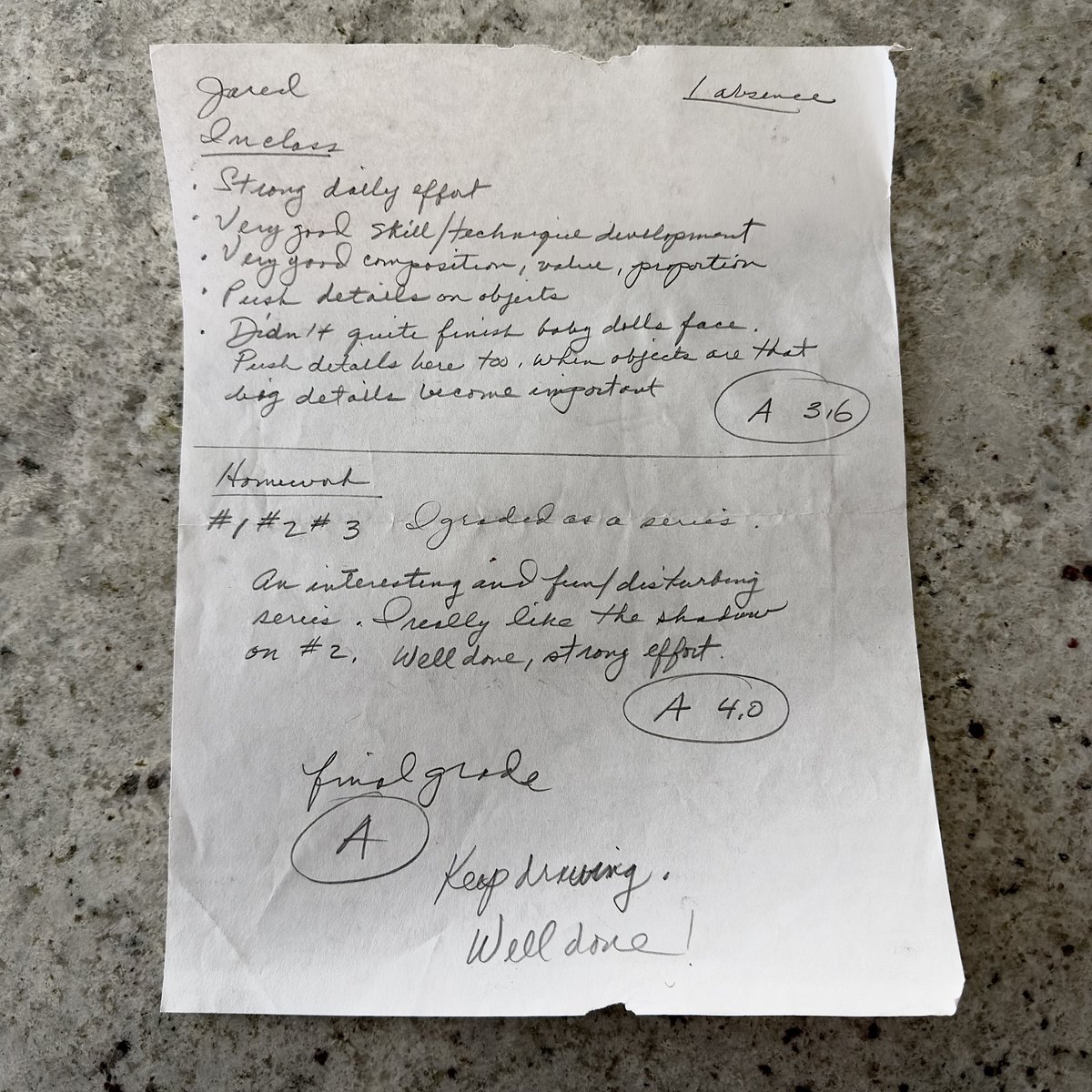 Ran across this note from my college drawing professor while packing and moving. Always cool to see progress and reflect on the journey and it how it all started.