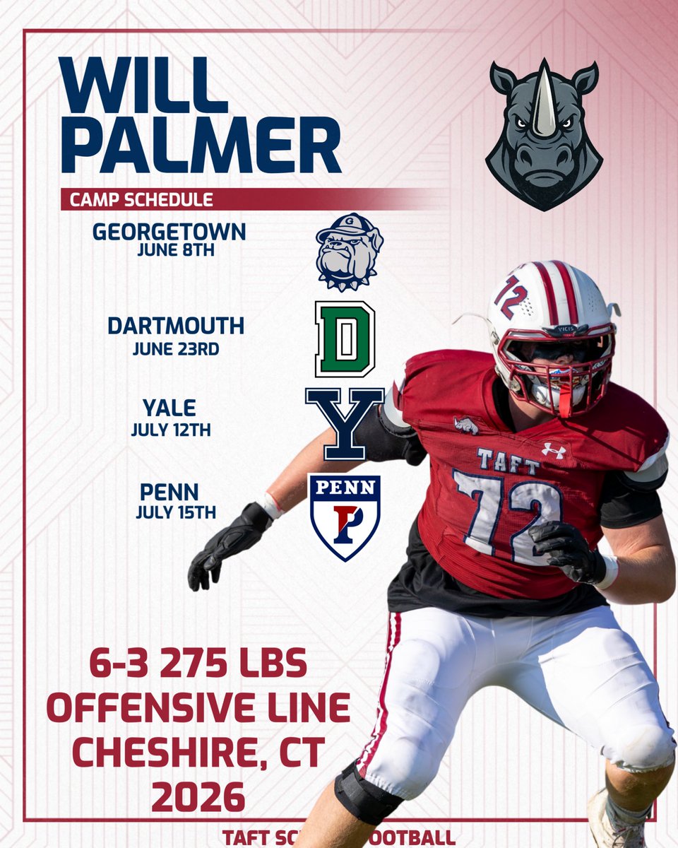 Will Palmer (@will72palmer) on Twitter photo Excited for this summer, canโt wait to compete!!! Here is my current camp schedule!
<a href="/TaftFootballCT/">Taft Football</a> <a href="/Coach_JMcCarthy/">James McCarthy</a>
<a href="/CoachMetzler/">Kyle Metzler</a> <a href="/CoachBracken/">Kevin Bracken</a>
<a href="/CoachRenoYale/">Tony Reno</a> <a href="/coachkrd/">Kevin โDuffyโ Doherty</a>
<a href="/coach_smcgowan/">Sean McGowan</a> Excited for this summer, canโt wait to compete!!! Here is my current camp schedule!
<a href="/TaftFootballCT/">Taft Football</a> <a href="/Coach_JMcCarthy/">James McCarthy</a>
<a href="/CoachMetzler/">Kyle Metzler</a> <a href="/CoachBracken/">Kevin Bracken</a>
<a href="/CoachRenoYale/">Tony Reno</a> <a href="/coachkrd/">Kevin โDuffyโ Doherty</a>
<a href="/coach_smcgowan/">Sean McGowan</a>