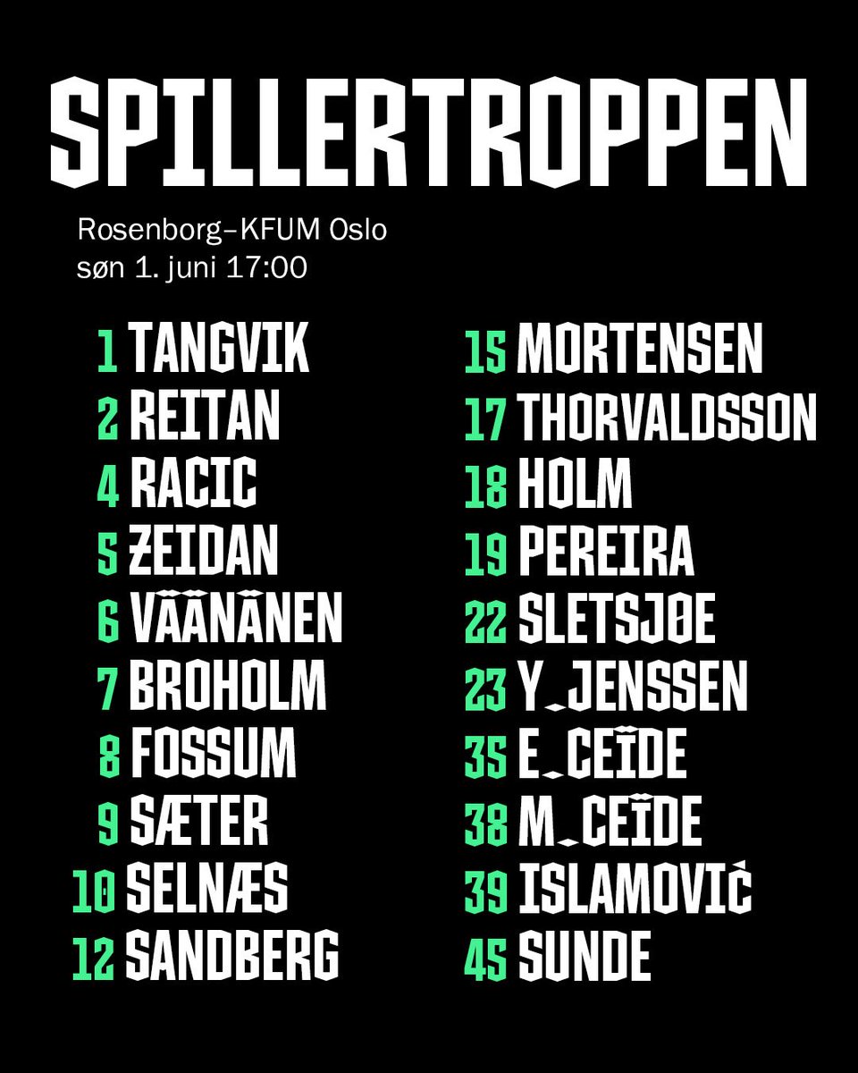 Rosenborg-troppen mot KFUM Oslo 📋

Søndagens hjemmekamp har avspark klokken 17:00 på Lerkendal. 

🎟️ rbk.no/billett
📺 TV2 Play