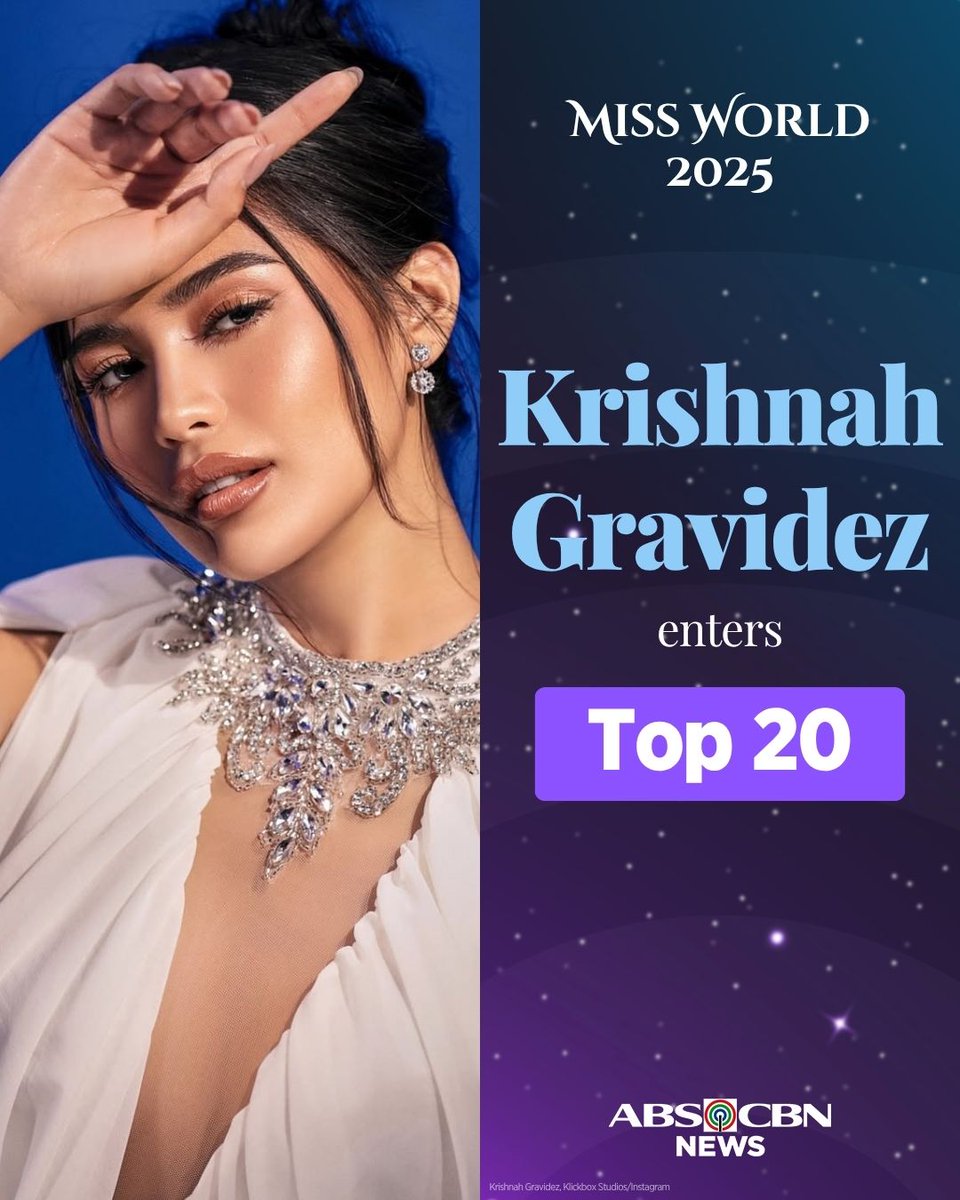 KRISHNAH GRAVIDEZ IN TOP 20!
 
Krishnah Gravidez is still in for the #MissWorld2025 crown as she moves to the top 20. The Philippine bet is among the Asia and Oceania top 5.
