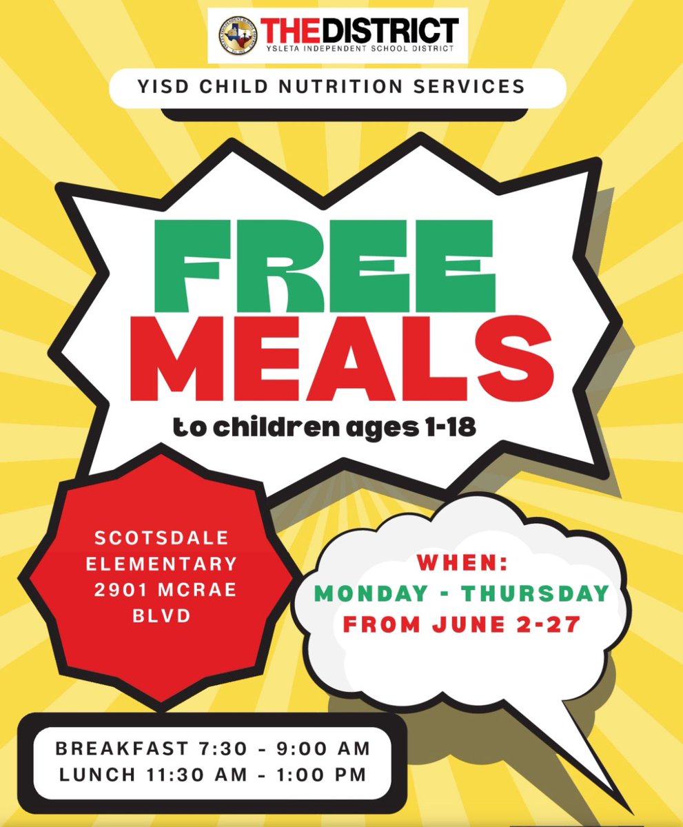 Scotsdale Elementary will support YISD Nutritional Services beginning Monday June 2nd. We welcome children ages 1-18. Please help us repost and share the opportunity for the community. 🥗🌭🥛