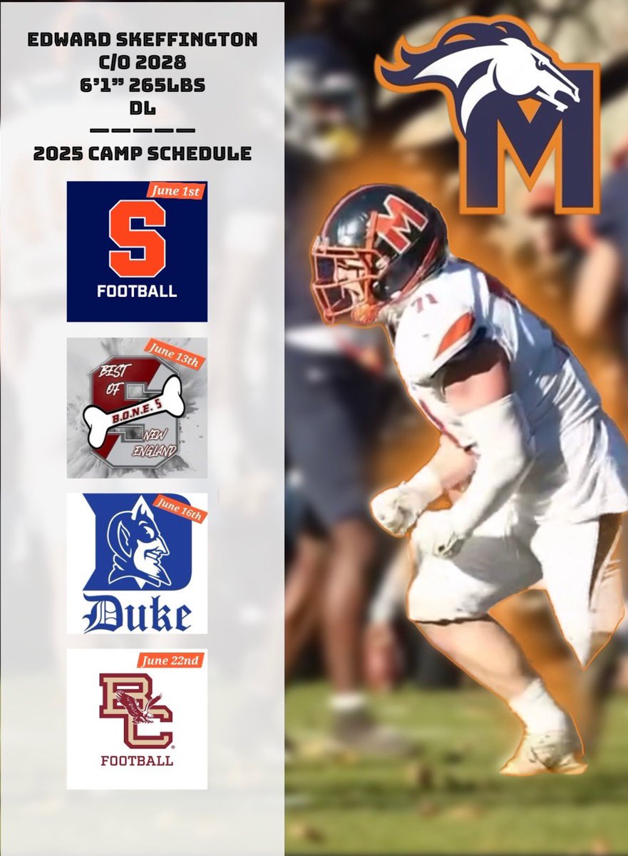 Edward_Skeffington ‘28 (@ed_skeffington) on Twitter photo Summer Camp Schedule, I’m excited to go out and compete. It’s go time!
<a href="/ScottyPrince10/">Scott Prince</a> <a href="/Coach_Cadet/">Carl Cadet</a> <a href="/Coach_JDiBiaso/">Jonathan DiBiaso</a> <a href="/JonasLGray/">Jonas Gray</a> <a href="/DukeFOOTBALL/">Duke Football</a> <a href="/2025BONECAMP/">Best of New England</a> <a href="/CoachMartinESA/">Coach Martin</a> <a href="/CoachNickWill/">Nick Williams</a> <a href="/Coach_2CAP/">Tommy Caporale</a> <a href="/NE6FB_Recruits/">NE-Recruits</a> <a href="/coach_hadac/">Coach Isaac</a> <a href="/AlexAgrellaRB/">Alex Agrella</a> <a href="/allpraisesdue7/">Stack Williams</a> <a href="/Coach_JLT/">Jordan Thomas</a> Summer Camp Schedule, I’m excited to go out and compete. It’s go time!
<a href="/ScottyPrince10/">Scott Prince</a> <a href="/Coach_Cadet/">Carl Cadet</a> <a href="/Coach_JDiBiaso/">Jonathan DiBiaso</a> <a href="/JonasLGray/">Jonas Gray</a> <a href="/DukeFOOTBALL/">Duke Football</a> <a href="/2025BONECAMP/">Best of New England</a> <a href="/CoachMartinESA/">Coach Martin</a> <a href="/CoachNickWill/">Nick Williams</a> <a href="/Coach_2CAP/">Tommy Caporale</a> <a href="/NE6FB_Recruits/">NE-Recruits</a> <a href="/coach_hadac/">Coach Isaac</a> <a href="/AlexAgrellaRB/">Alex Agrella</a> <a href="/allpraisesdue7/">Stack Williams</a> <a href="/Coach_JLT/">Jordan Thomas</a>