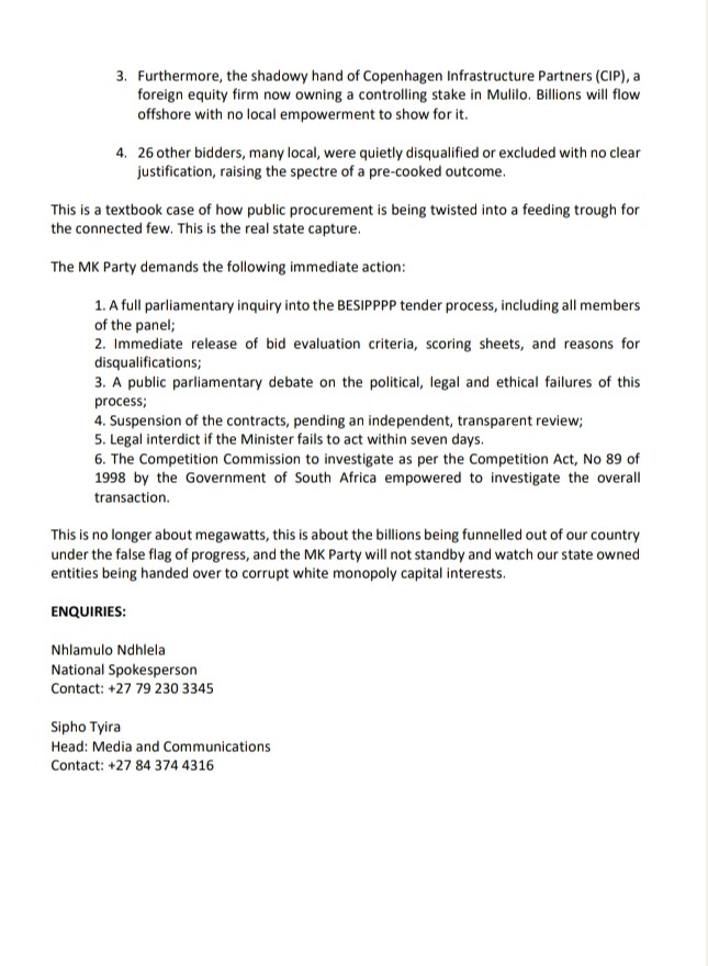 MK PARTY EXPOSES ENERGY TENDER SCANDAL, DEMANDS PARLIAMENTARY INQUIRY, LEGAL ACTION IMMINENT.