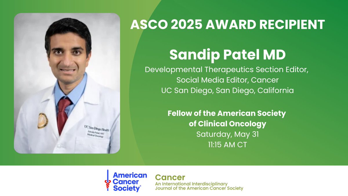 ACS Journal Cancer (@journalcancer) on Twitter photo 🎉Congrats to Dr. Sandip Patel, Cancer's Developmental Therapeutics & Social Media Editor, & <a href="/ASCO/">ASCO</a> Fellow, on receipt of his #ASCO25 Award later this morning! 🏆
See his recent work on immunotx for advanced gallbladder cancer:
acsjournals.onlinelibrary.wiley.com/doi/10.1002/cn…
<a href="/OncoAlert/">OncoAlert</a> <a href="/PatelOncology/">Sandip Patel MD FASCO</a> 🎉Congrats to Dr. Sandip Patel, Cancer's Developmental Therapeutics & Social Media Editor, & <a href="/ASCO/">ASCO</a> Fellow, on receipt of his #ASCO25 Award later this morning! 🏆
See his recent work on immunotx for advanced gallbladder cancer:
acsjournals.onlinelibrary.wiley.com/doi/10.1002/cn…
<a href="/OncoAlert/">OncoAlert</a> <a href="/PatelOncology/">Sandip Patel MD FASCO</a>