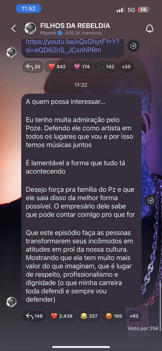 🚨Filipe Ret fala após ser criticado por amigos de Poze e parte do público

Artista foi acusado de não demonstrar apoio para Mc Poze publicamente