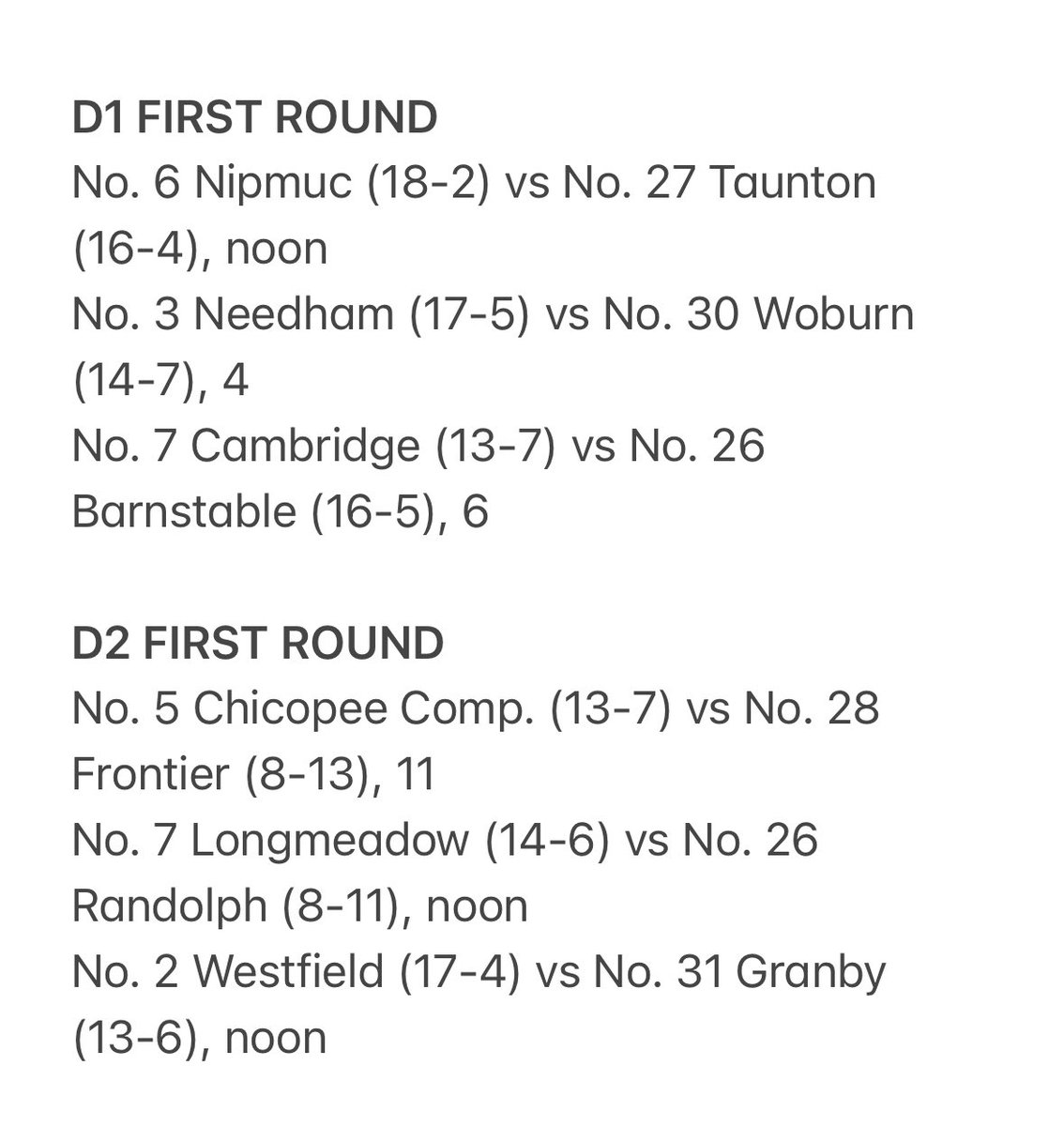 And so it continues!

First round action in boys volleyball picks back up this morning. Not the last day of the first round - still a few more matches scattered over the next couple days.

Slate: