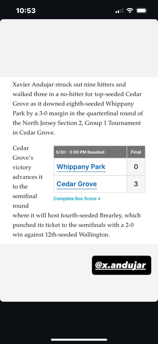 No hitter against 8 seeded Whippany Park in North 2 Group 1 quarterfinal game
9 K’s
3 BB