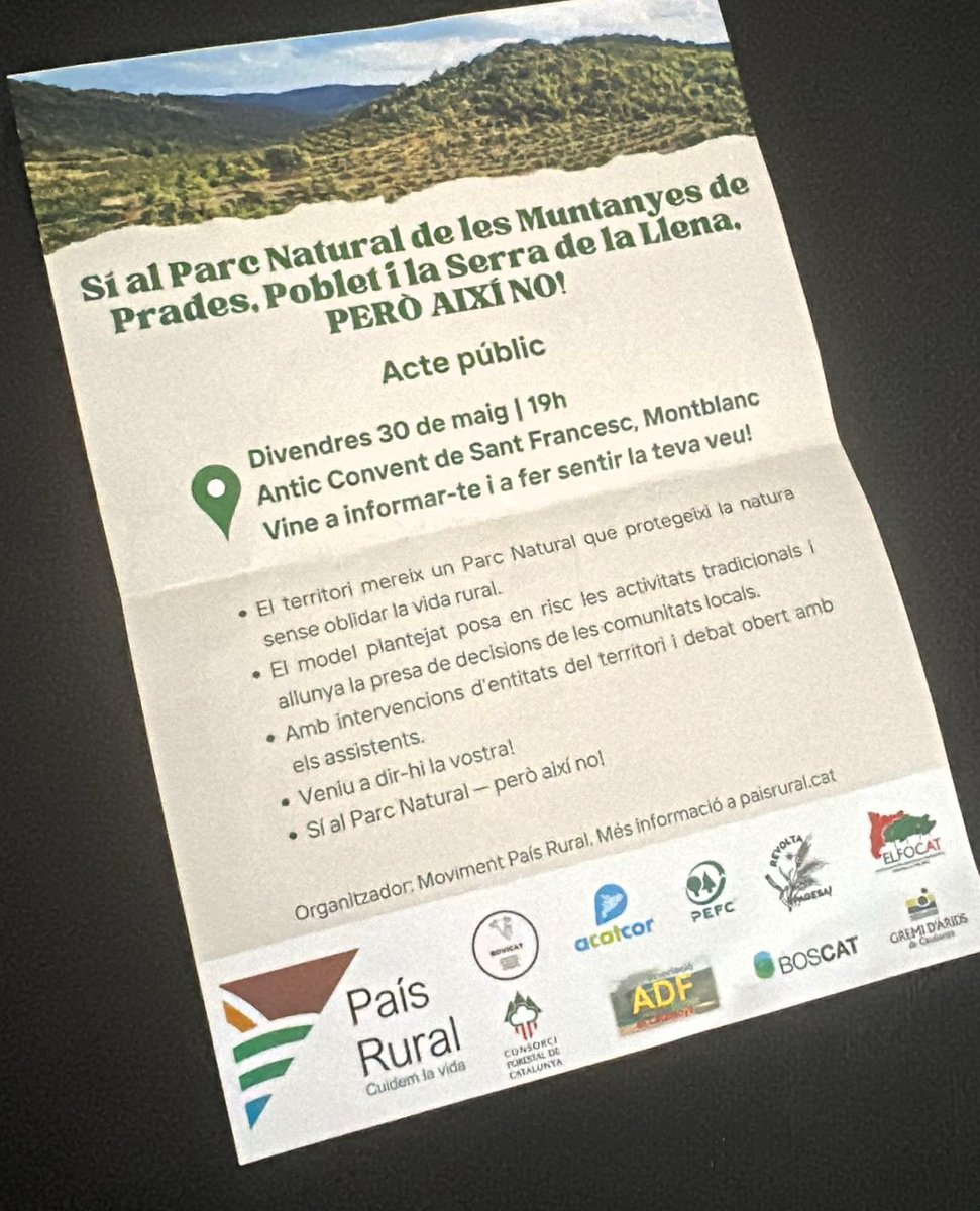 Ahir vam assistir a l'acte Sí al Parc Natural de les Muntanyes de Prades, Poblet i la Serra de la Llena, PERÒ AIXÍ NO! organitzat per País Rural
#MuntanyesDePrades #ParcNaturalSíPeròAixíNo #DefensemElTerritori #esplugadefrancoli #JuntsxlEspluga #Espluga2027 #JuntsxCat #FemhoJunts