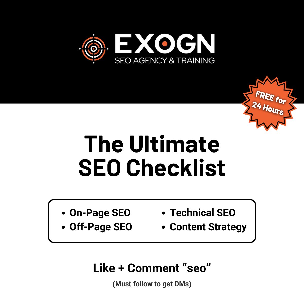 Unsure about SEO?

My Ultimate SEO Checklist can change that.

Here's what's inside:

- Content Strategy: The King of SEO
- Technical SEO: The building blocks
- On-Page SEO: Your tactical advantage
- Off-Page SEO: Your strategic stronghold

FREE for only 24 hours!

Like + Comment