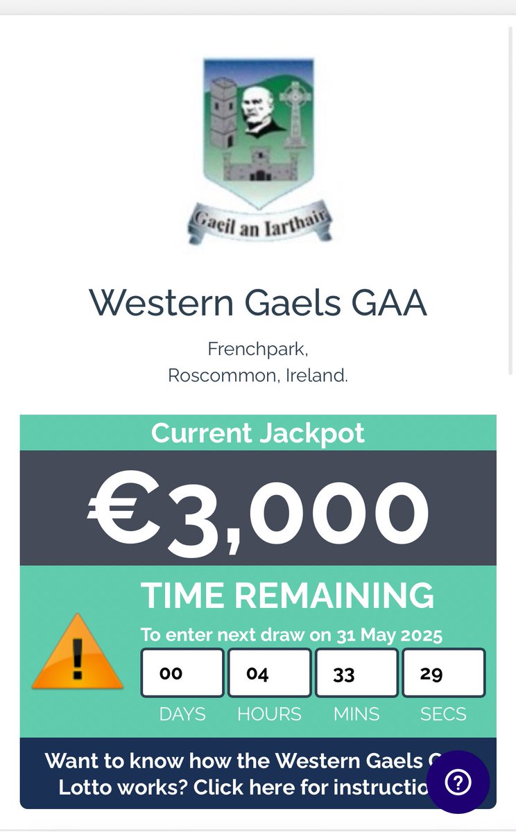 Our lotto jackpot tonight is €3,000

Get your tickets now from all local outlets or play online by following the link. 

play.clubforce.com/play_newa.asp?… 

Online ticket sales close at 8:30.

Thanks for your support. Enjoy the long weekend.