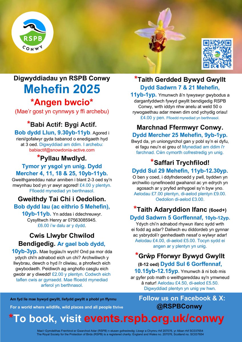 Beth sydd ymlaen ym mis Mehefin yn RSPB Conwy? 🌻

Cewch restr lawn o’n holl ddigwyddiadau yma 👉 bit.ly/3x36yDP