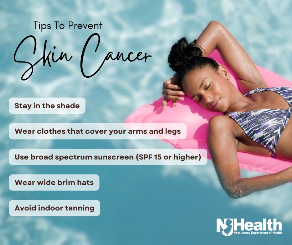 #DYK that you can reduce your risk of skin cancer by practicing skin care? 
-Stay in the shade
-Wear clothes that cover your arms and legs
-Wear wide brim hats
-Use broad spectrum sunscreen (SPF 15 or higher)
cdc.gov/skin-cancer/in… #HealthierNJ #SkinCancerAwarenessMonth