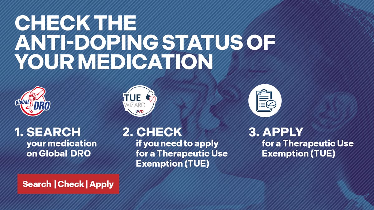 Steps to check the anti-doping status of medications.

1️⃣Search the medication on Global DRO
2️⃣Check the requirements for a Therapeutic Use Exemption (TUE)
3️⃣Apply for a TUE and submit the relevant supporting medical evidence

#SearchCheckApply
brnw.ch/21wT0DO