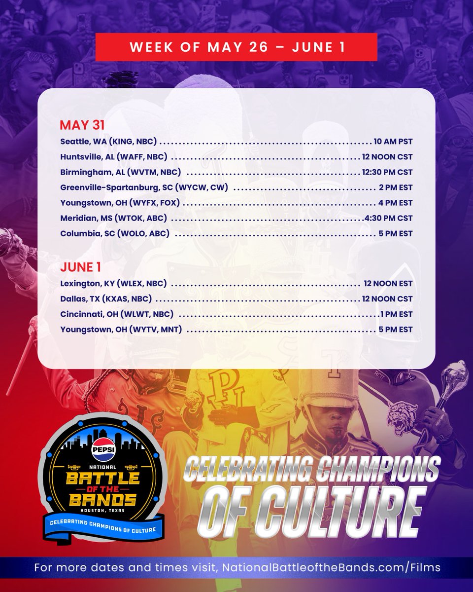 NationalBOTB's tweet photo. 🎺 It’s re-airing! Celebrating Champions of Culture is BACK for #BlackMusicMonth!
📺 Watch the 2024 NBOTB film starting today — with new air dates each week in June!
📲 Full schedule: https://t.co/LYZGZbXvZh
#NBOTB2025 #BeyondTheNotes #MusicIsTheCulture #HBCUBands #CelebratingChampionsOfCulture