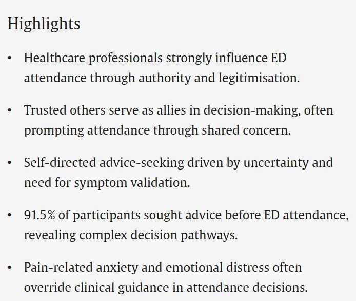 “Who says ‘Go’? Unpacking how healthcare advice, social support, and self-doubt drive Emergency Department visits for low back pain—beyond just the pain itself.”
This qualitative study reveals that decisions to seek emergency care are shaped by complex interactions between