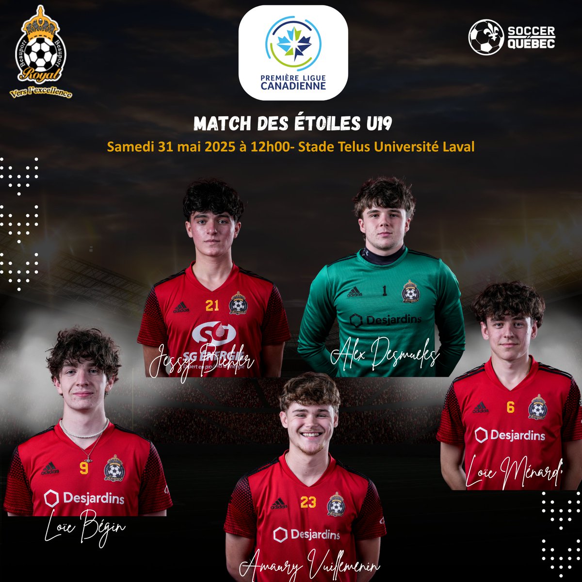 5 ATHLÈTES DU ROYAL AVEC LES ÉTOILES U19M
Bravo à Jessy Bichler (L1 QCM), Alex Desmeules, Loïc Bégin, Loïc Ménard et Amaury Vuillemin (U19M Espoirs) pour avoir été sélectionnés avec l'équipe d'étoiles U19M.
<a href="/CPLsoccer/">Canadian Premier League</a> <a href="/Ligue1QC/">Ligue1 Québec</a> <a href="/ARSQuebec/">ARSQ</a> <a href="/SoccerQuebec/">Soccer Québec</a>