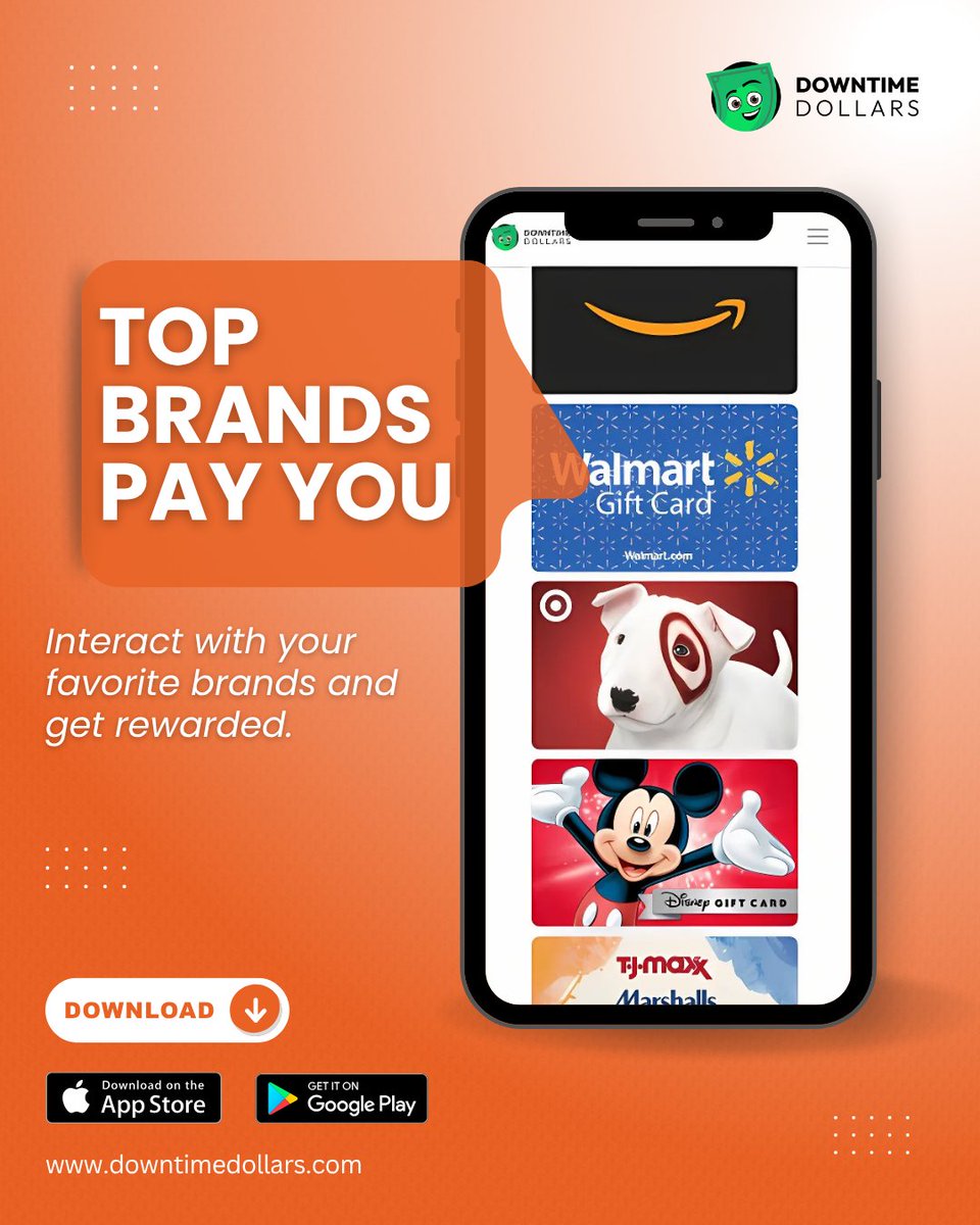 Top brands are paying YOU! Interact with your favorite brands and get rewarded with gift cards, discounts, and more. Your downtime just got way more rewarding.

Download Downtime Dollars and start earning with top brands!

#TopBrands #GiftCards #EarnRewards #DowntimeDollars