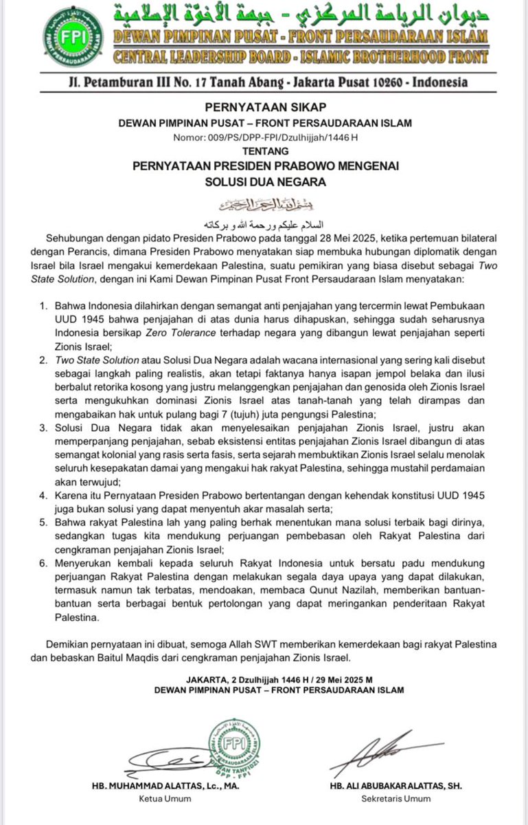 Aira Yumna🇵🇸 (@_aira922) on Twitter photo Pernyataan sikap DPP FPI tentang pernyataan presiden <a href="/prabowo/">Prabowo Subianto</a> mengenai solusi 2 negara.
Baca dengan seksama serta pahami baik² ya min, sampaikan ke <a href="/prabowo/">Prabowo Subianto</a> Pernyataan sikap DPP FPI tentang pernyataan presiden <a href="/prabowo/">Prabowo Subianto</a> mengenai solusi 2 negara.
Baca dengan seksama serta pahami baik² ya min, sampaikan ke <a href="/prabowo/">Prabowo Subianto</a>