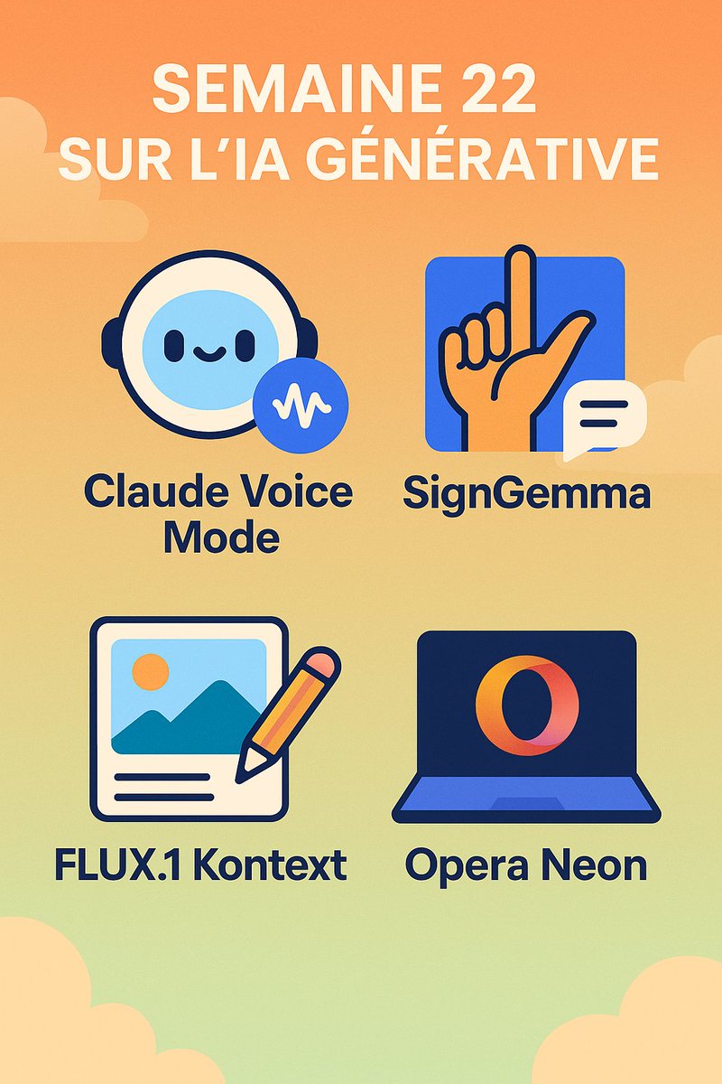 🤖L’IA redessine toujours notre quotidien en semaine 22 :
1⃣Hugging Face &amp; ses robots
2⃣Claude Voice lancé
3⃣SignGemma de Google : du signe à l'audio
4⃣FLUX.1 Kontext : image &amp; contrôle open source
5⃣Des applis IA jugent ton visage
6⃣Opera Neon, browser agentic
7⃣Le récap'