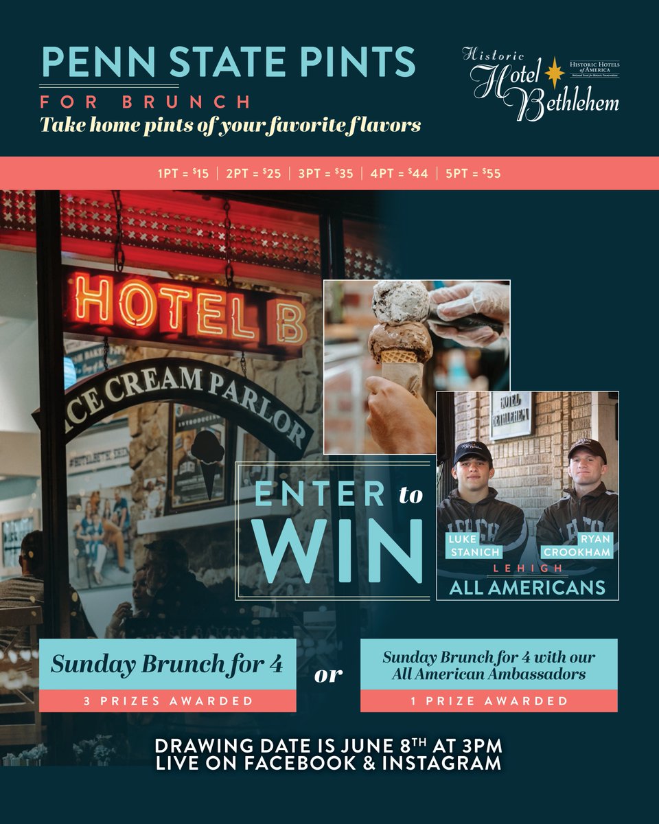 There's still time to enter! Our Penn State Pints For Brunch promotion at Hotel B Ice Cream Parlor continues, including 3 prizes for Sunday Brunch for 4 and one prize for Sunday Brunch for 4 with our Lehigh Wrestling All-American Ambassadors Luke Stanich and Ryan Crookham ✨